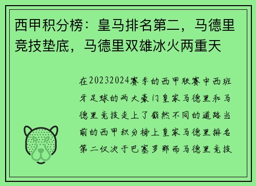 西甲积分榜：皇马排名第二，马德里竞技垫底，马德里双雄冰火两重天