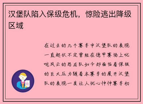 汉堡队陷入保级危机，惊险逃出降级区域