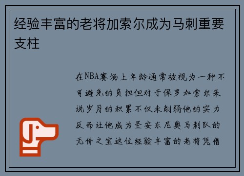 经验丰富的老将加索尔成为马刺重要支柱